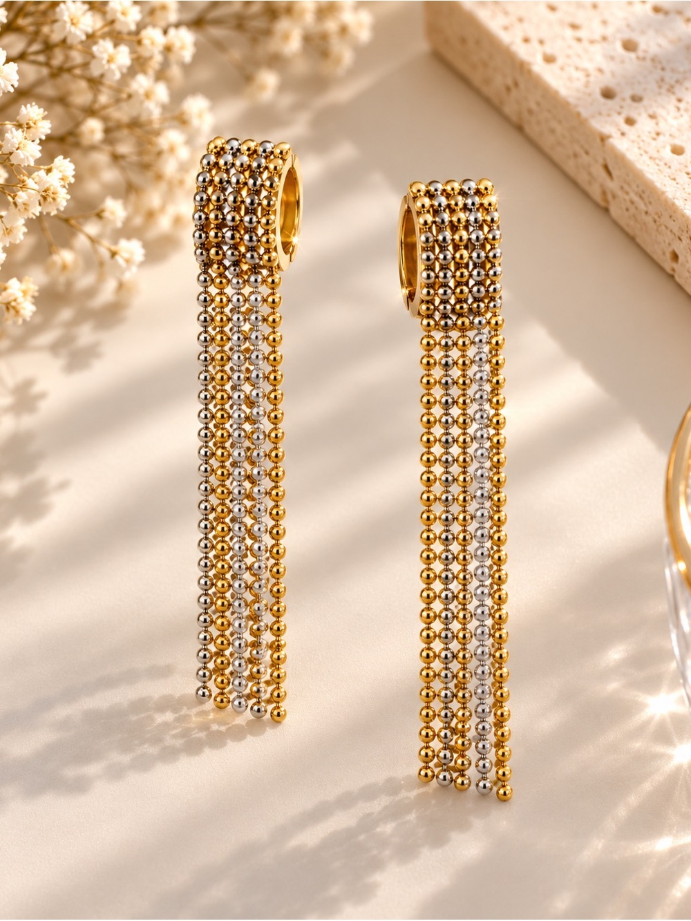 Two-Tone Beaded Fringe Hoop Earrings - Picture 3 of 4